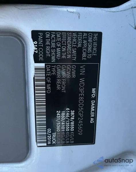 2016 Mercedes-Benz Sprinter 2500 z USA, uszkodzony, nr VIN WD3PE8DD5GP245609